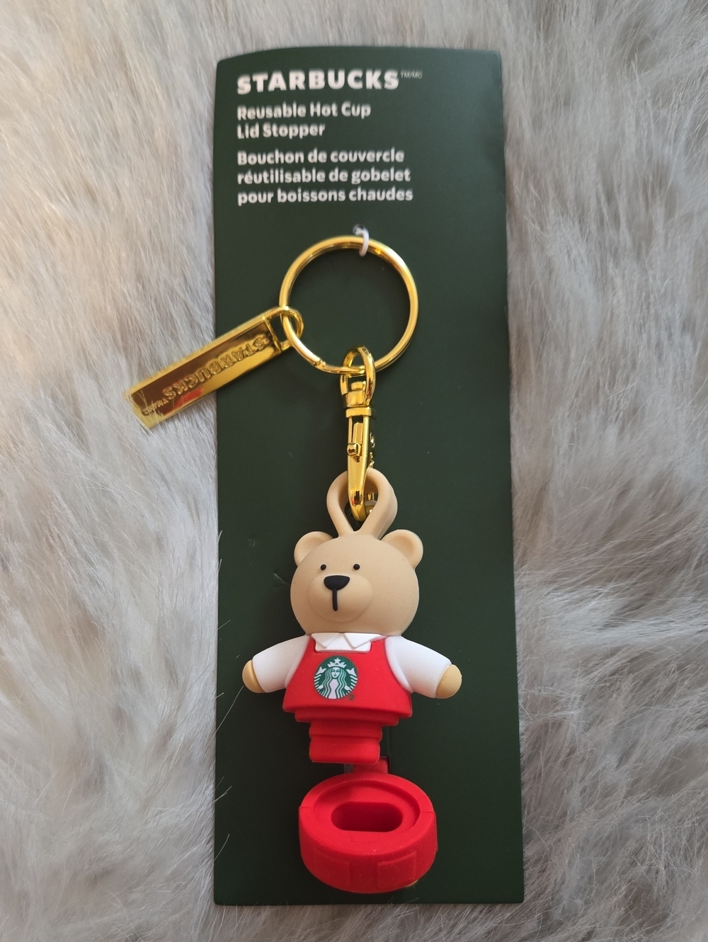 Starbucks Bear Keychain in Red and Cream with Gold Hardware and Lid Stopper